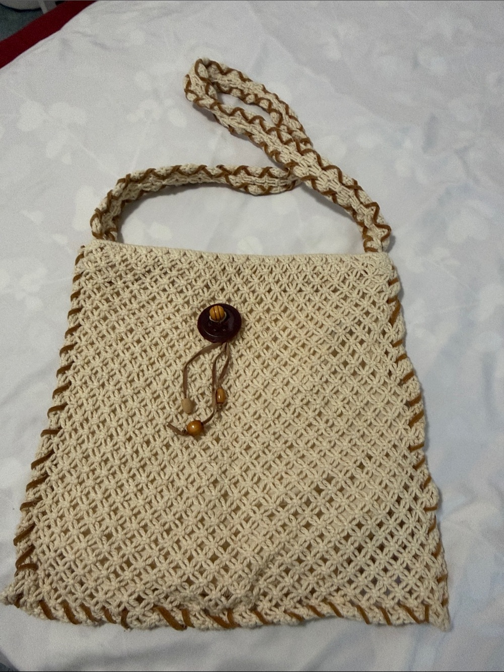 Saddle River vintage Handwoven Cream Macramé Shoulder Bag with Brown Accents